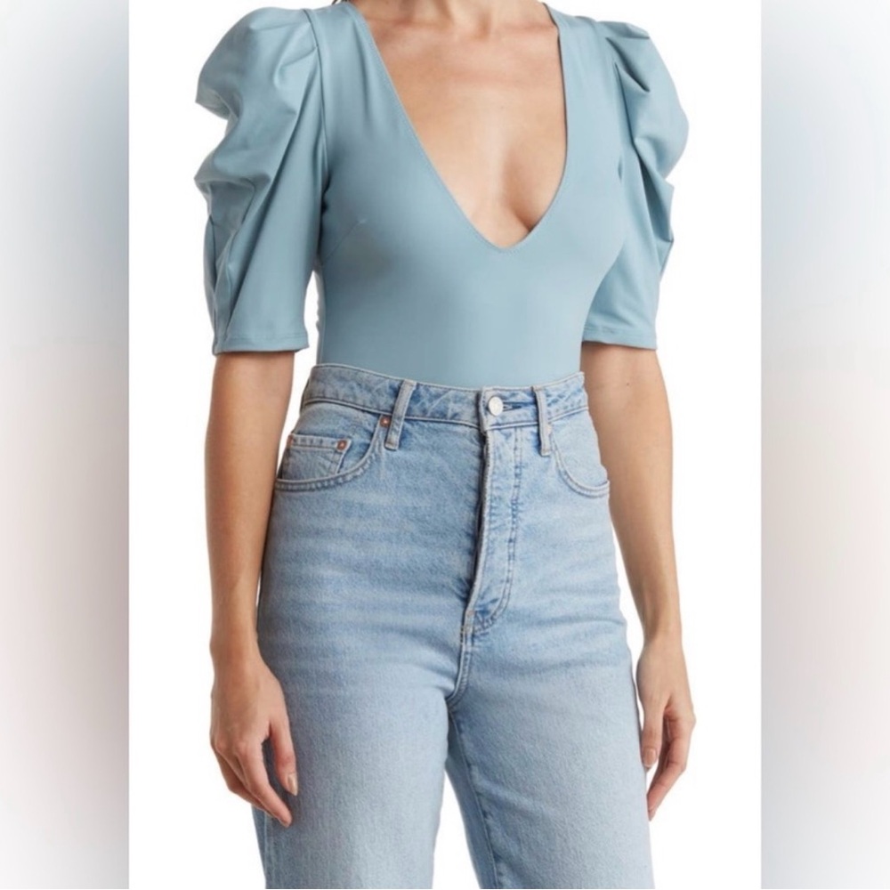 Free People‎ Intimately Sky Blue Deep V Puff Sleeve Bodysuit OB1350167 Medium